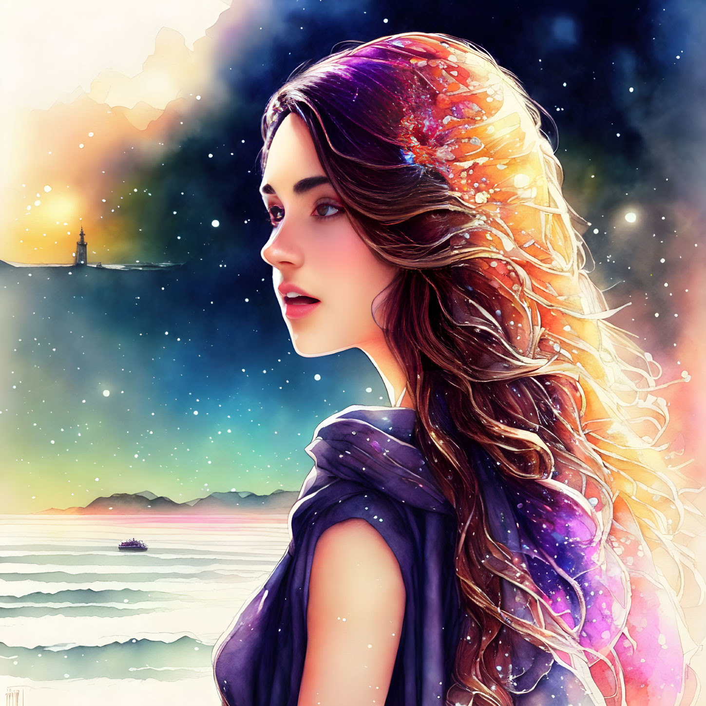 Digital art: Woman with cosmic hair in starry sky backdrop