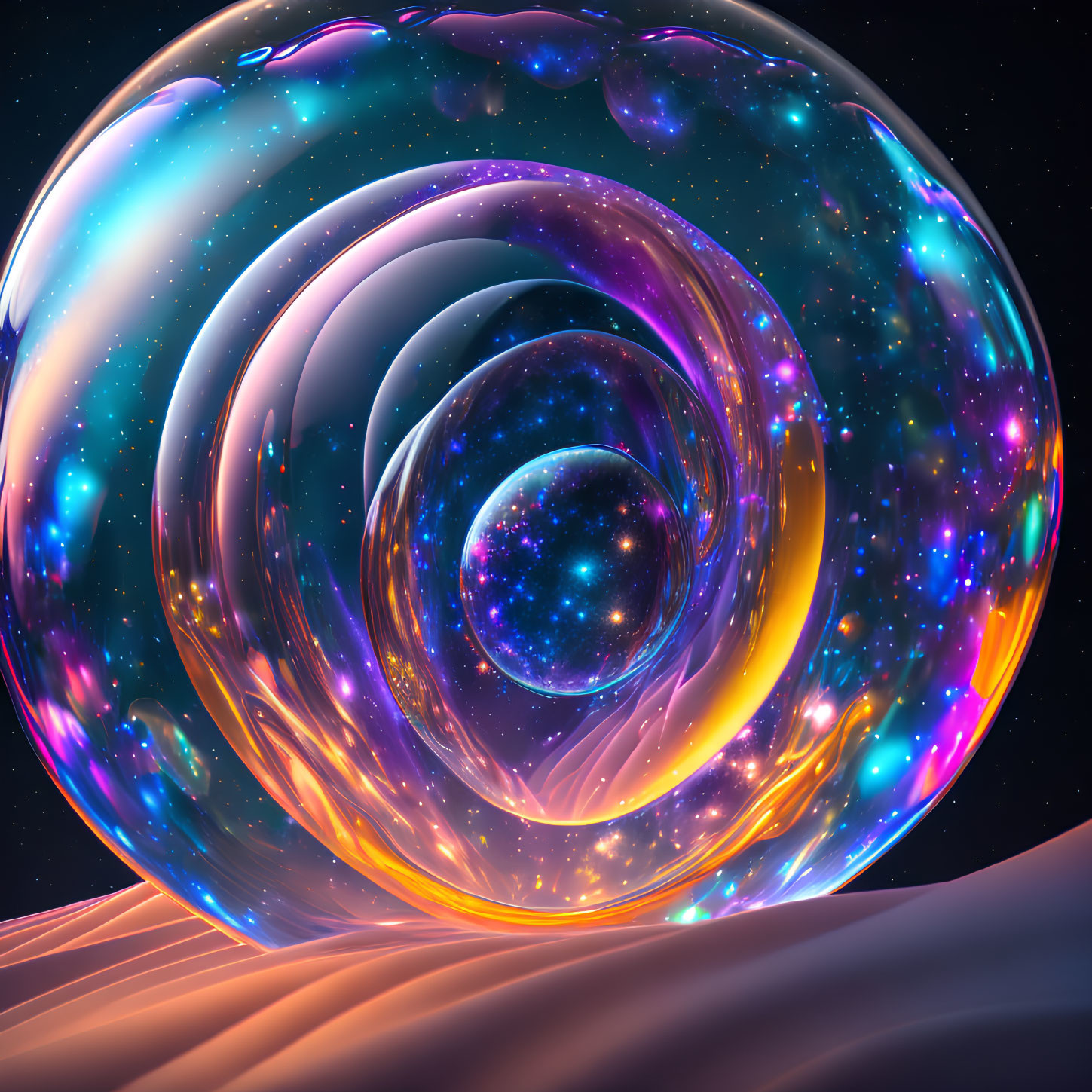 Colorful digital art: translucent cosmic bubbles and swirling vortex in starry space.