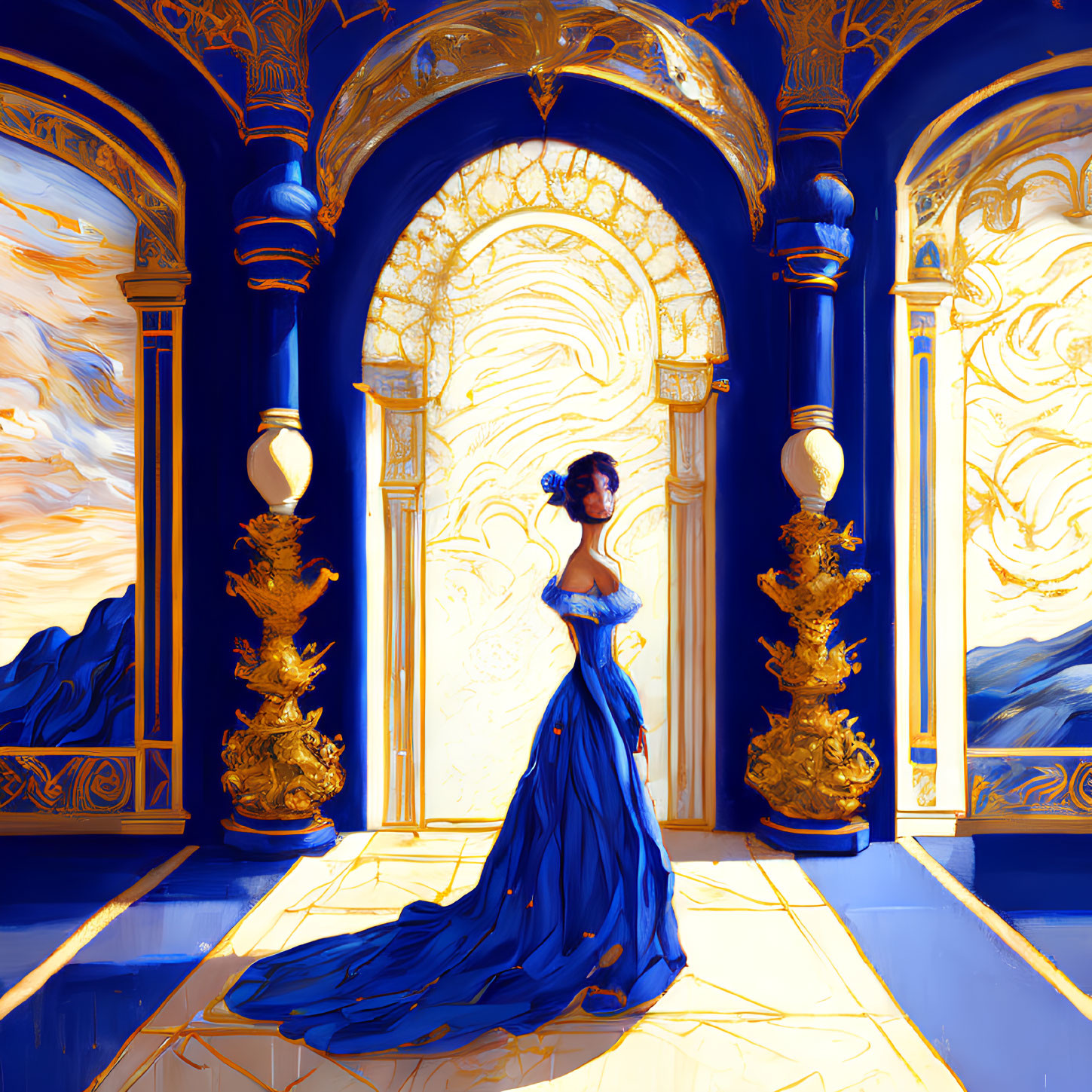 Elegant woman in blue gown in luxurious room with golden pillars