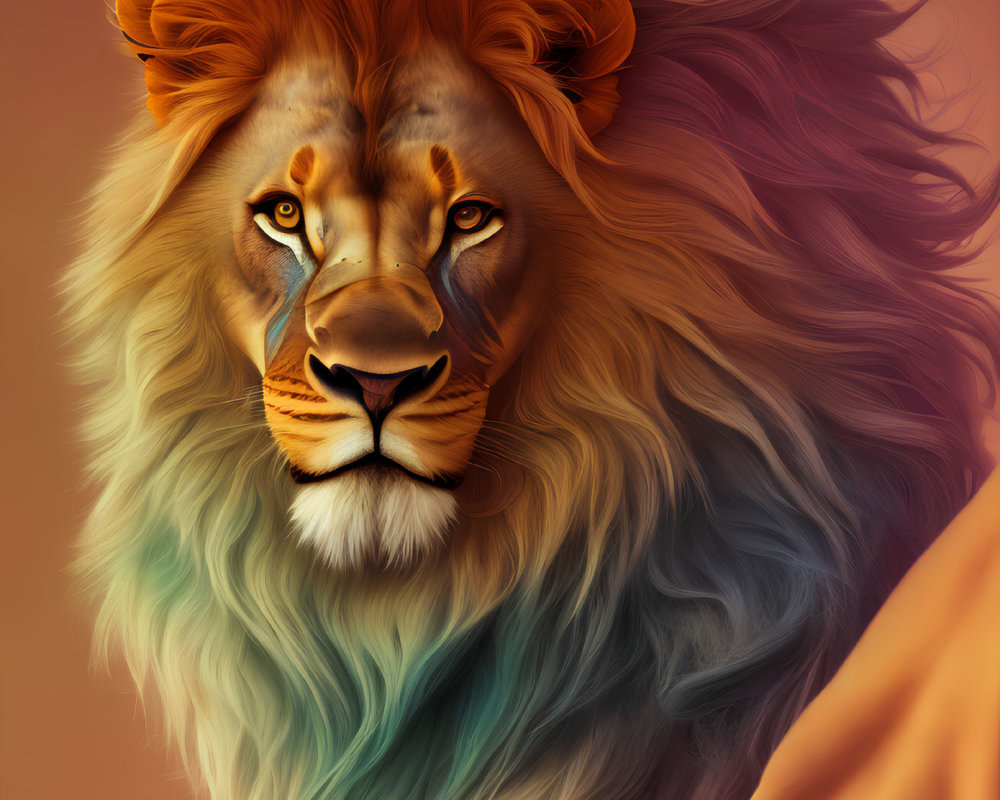 Colorful Digital Painting of Lion with Flowing Mane in Orange, Blue, and Purple