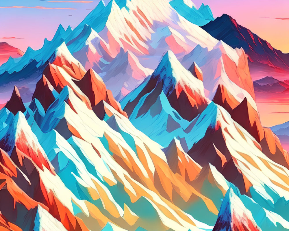 Colorful Mountain Range Artwork Featuring Blue, Orange, and White Peaks