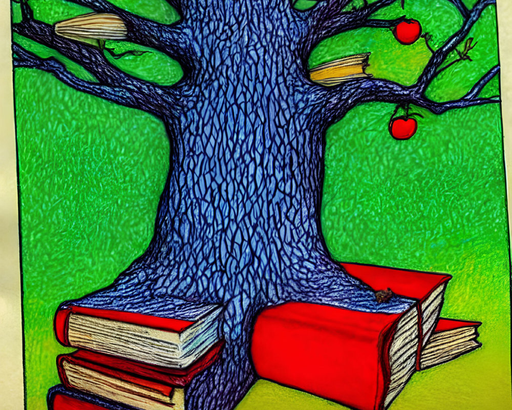 Tree-themed artwork with book spines and red apples on green backdrop