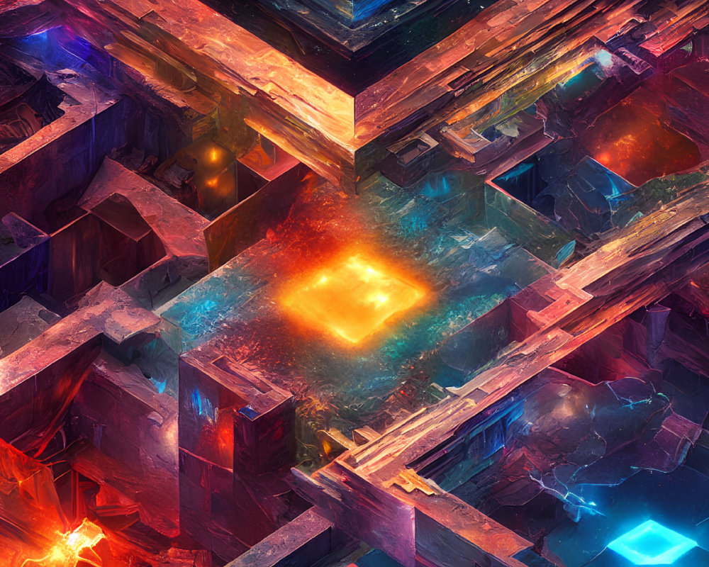 Colorful digital artwork: intricate geometric lattice with fiery core