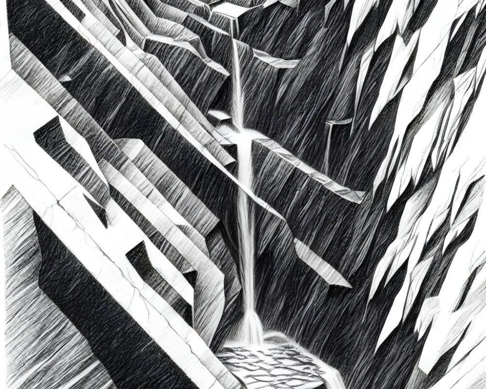 Abstract geometric landscape sketch in black and white with dynamic patterns and shapes.