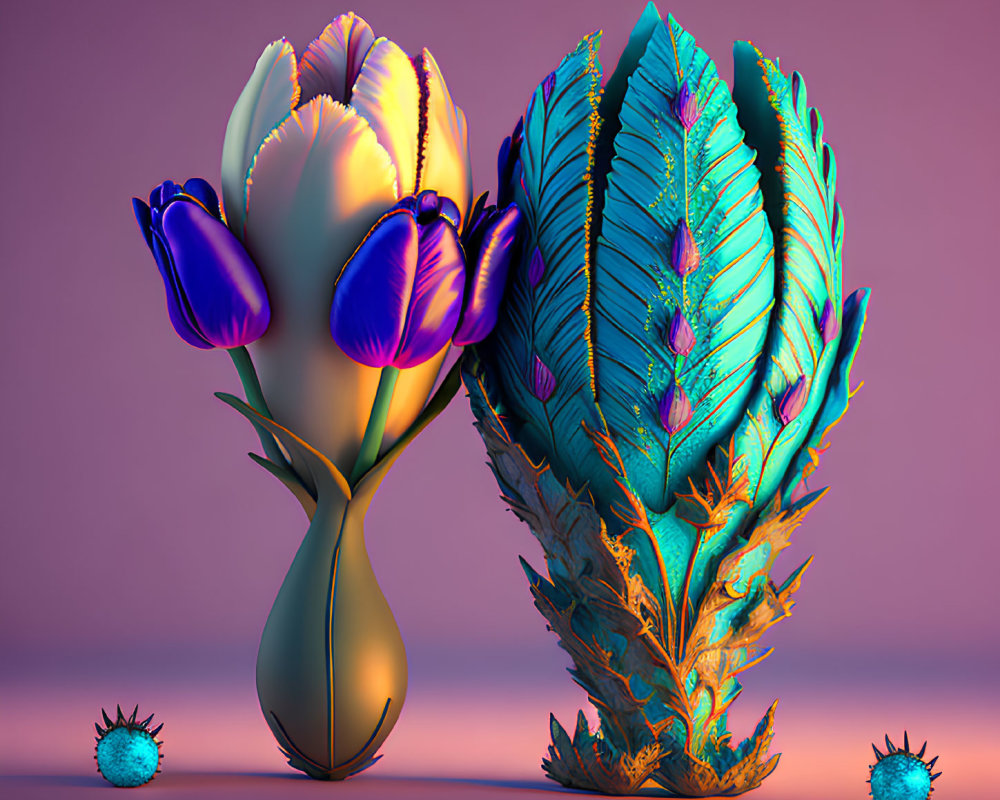 Iridescent digital sculptures of flowering plants on purple background