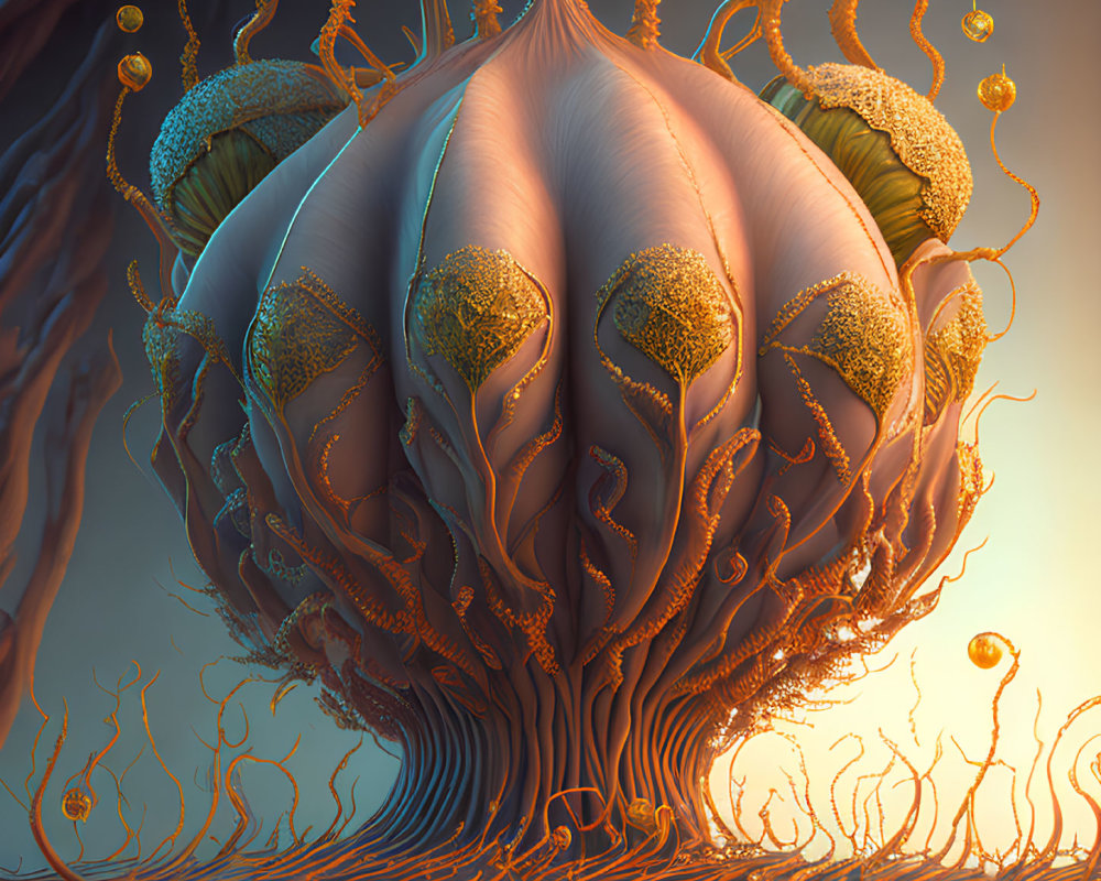 Surrealistic bloom with tentacle-like roots and golden-hued fringes in warm sepia