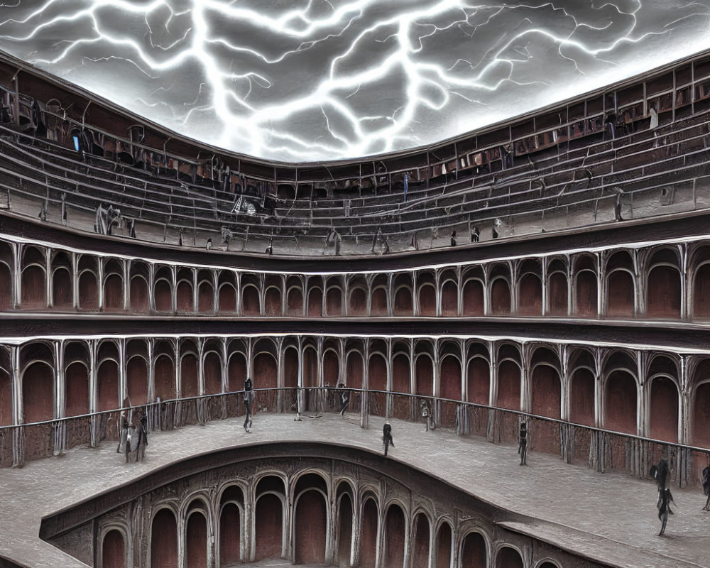 Ancient Roman amphitheater with dramatic sky and artificial lightning bolts