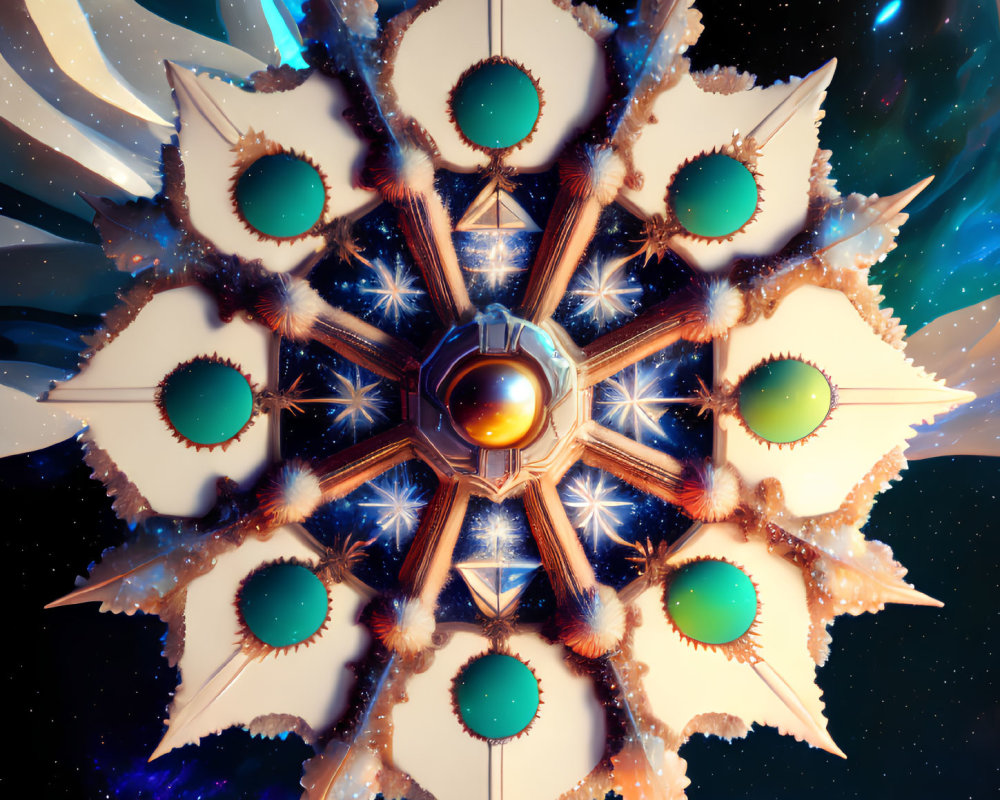 Colorful fractal snowflake against cosmic backdrop