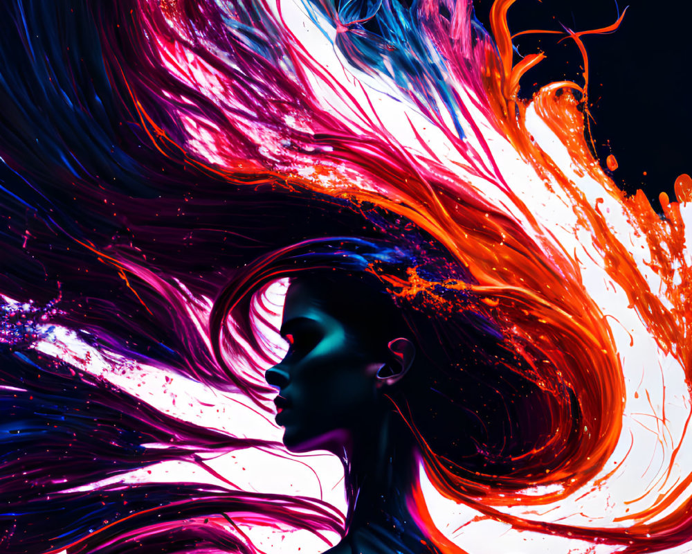 Colorful Paint Flowing from Woman's Silhouette in Abstract Art