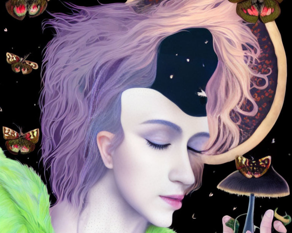 Surreal portrait featuring person with purple hair and crescent moon headpiece, surrounded by butterflies and