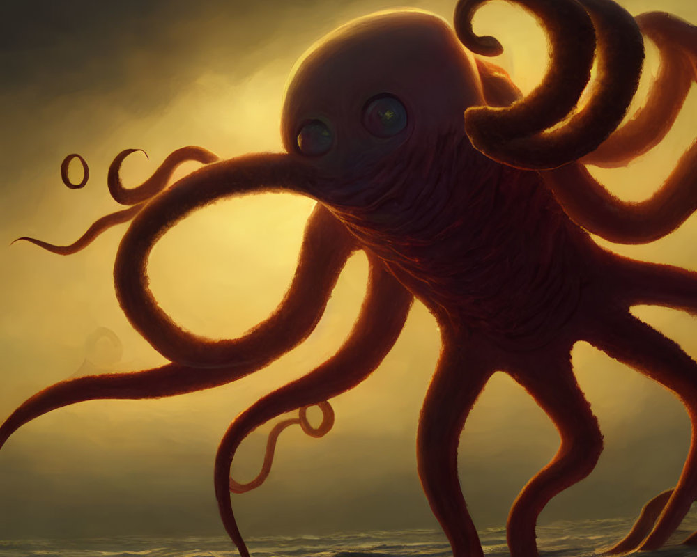 Giant red octopus illustration under stormy golden sky