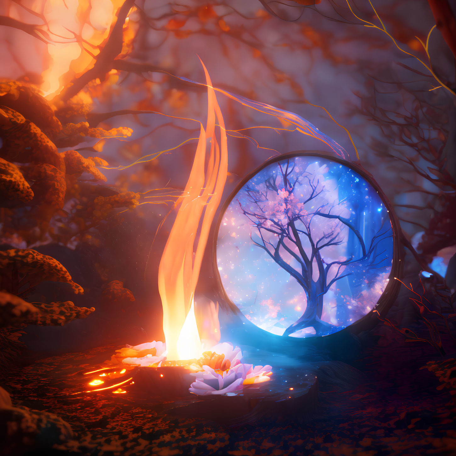 Vibrant campfire next to magical portal and cherry blossom tree