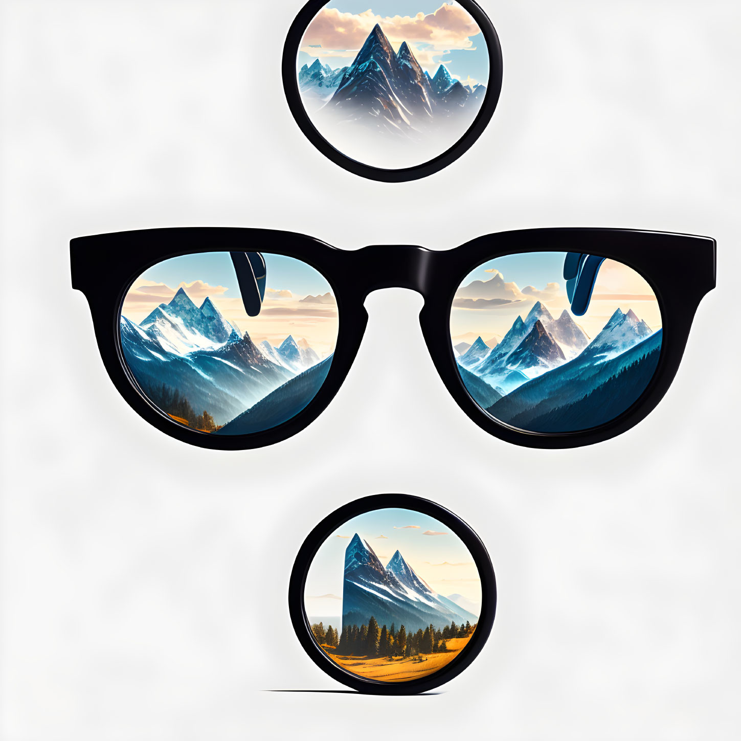 Black Glasses Reflecting Mountain Landscapes, Floating Monocle with Matching Views