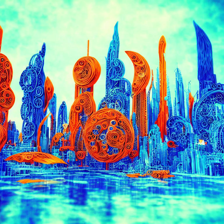 Surreal cityscape with blue and orange buildings reflected in water