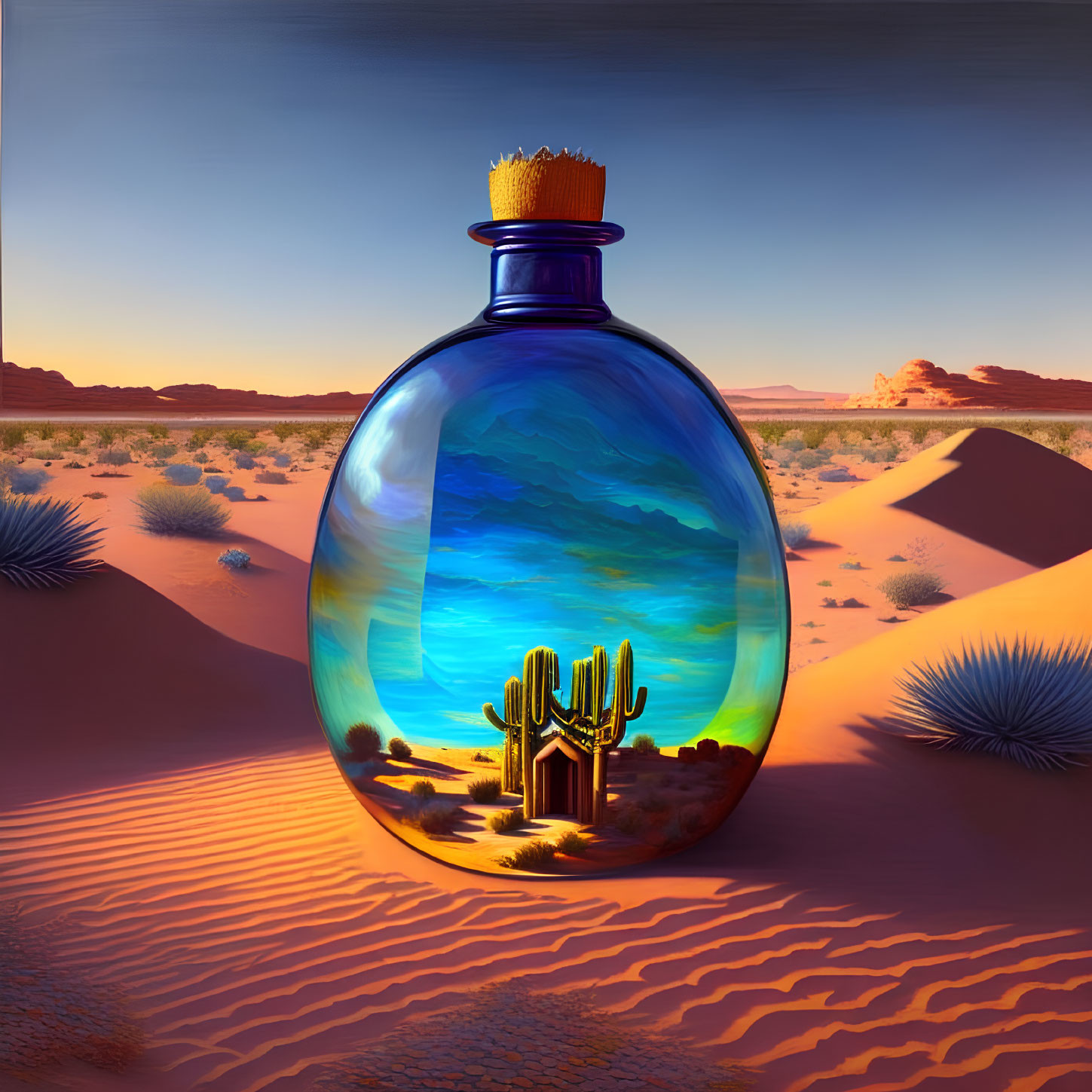 Glass bottle with desert and ocean scene on sand dunes