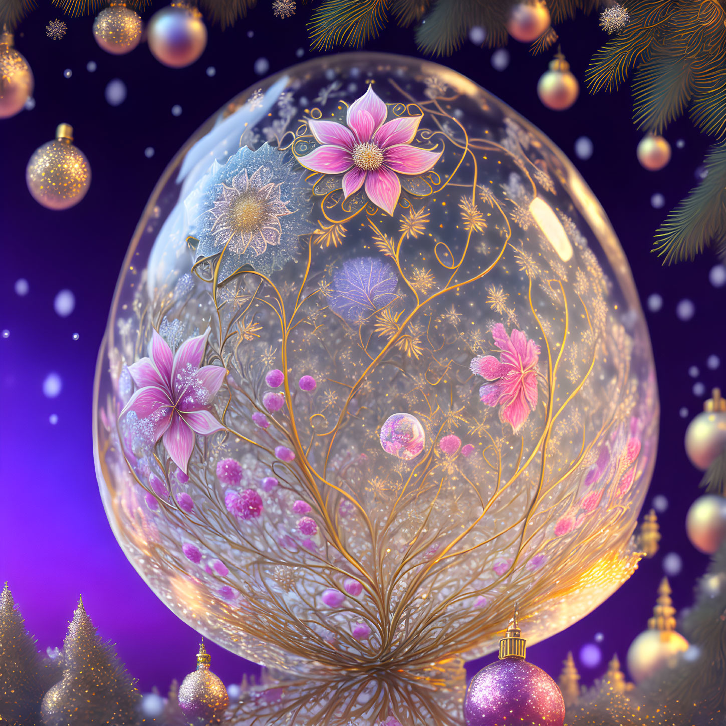Digital Art: Transparent Holiday Ornament with Floral Patterns and Festive Decorations