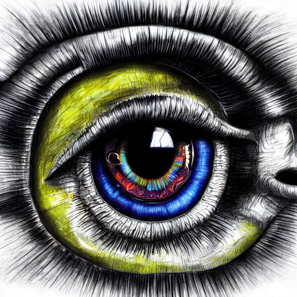 Detailed sketch of vibrant green human eye with reflections.