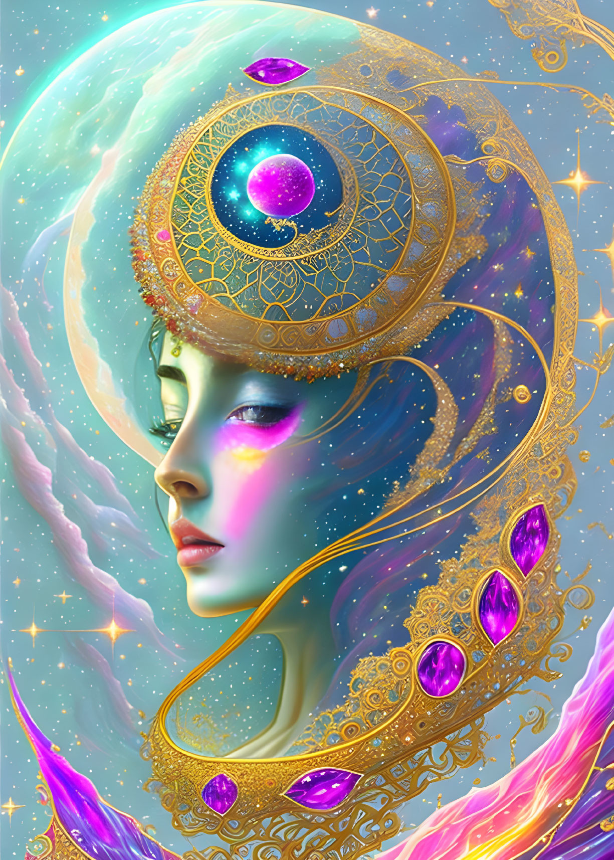 Illustration of ethereal woman with golden headdress in cosmic setting