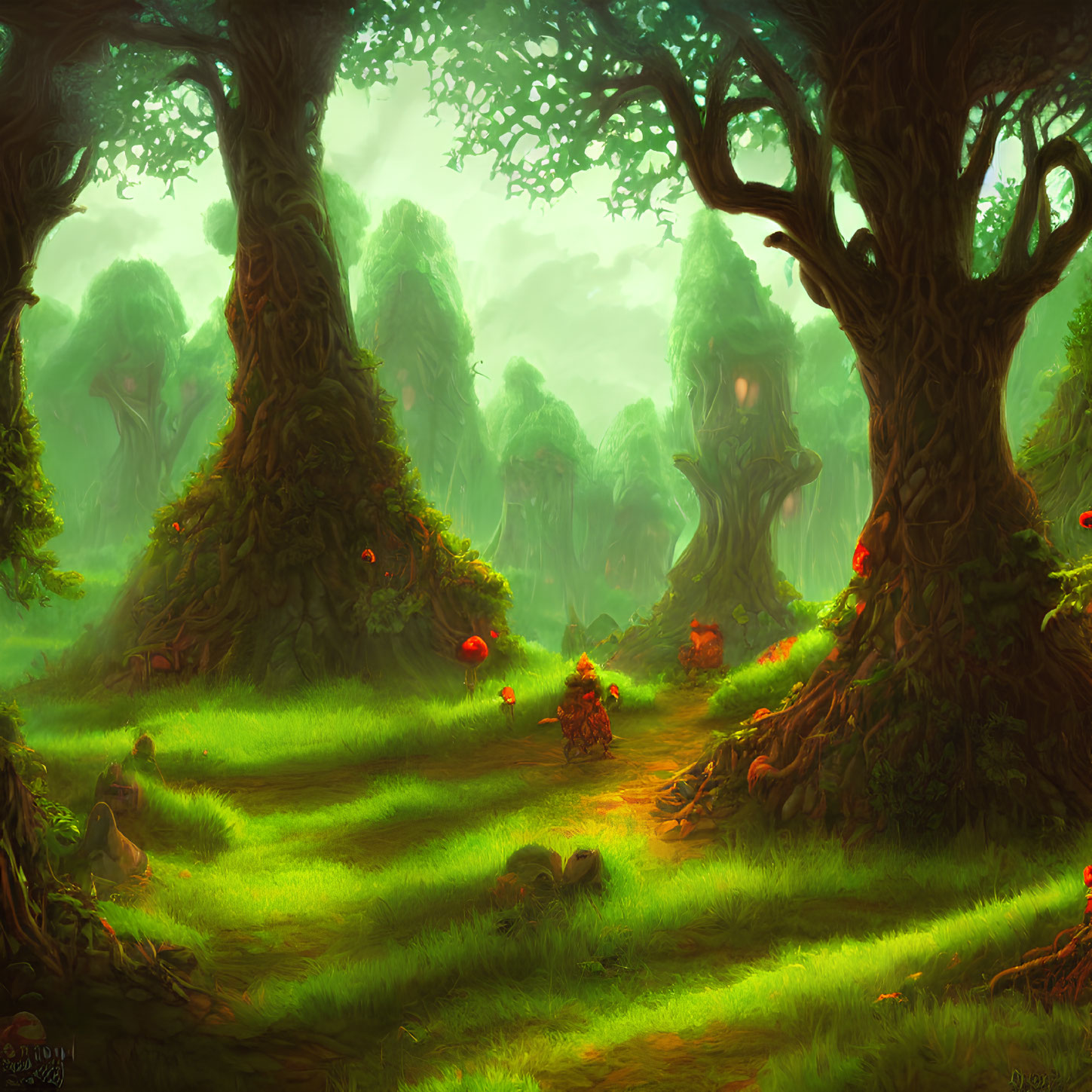Fantasy forest with towering trees, vibrant grass, mysterious fog, and red-capped mushrooms