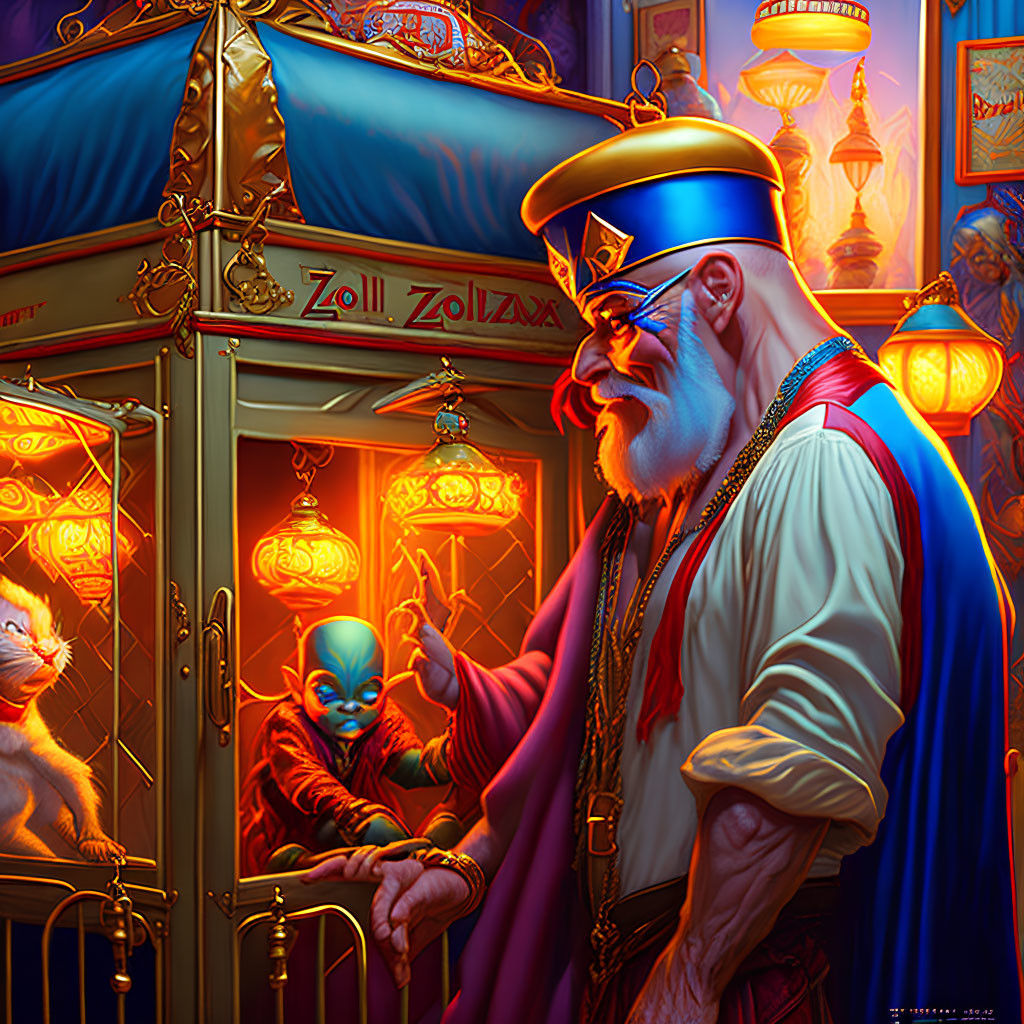 Elderly ticket-seller at magical fair booth with blue hat and glowing lanterns