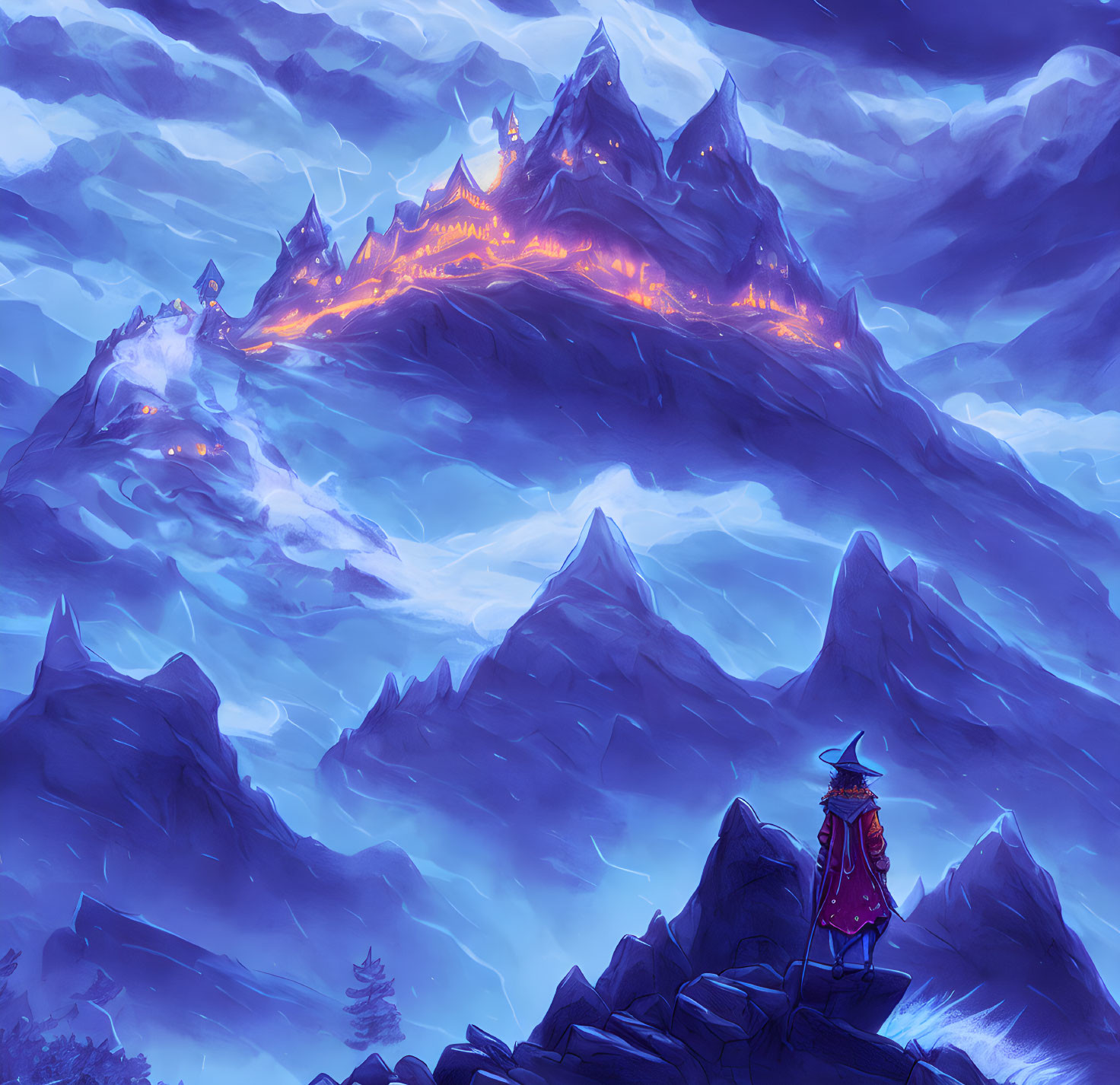 Cloaked Figure on Rocky Outcrop Views Blue and Purple Mountain Range at Night