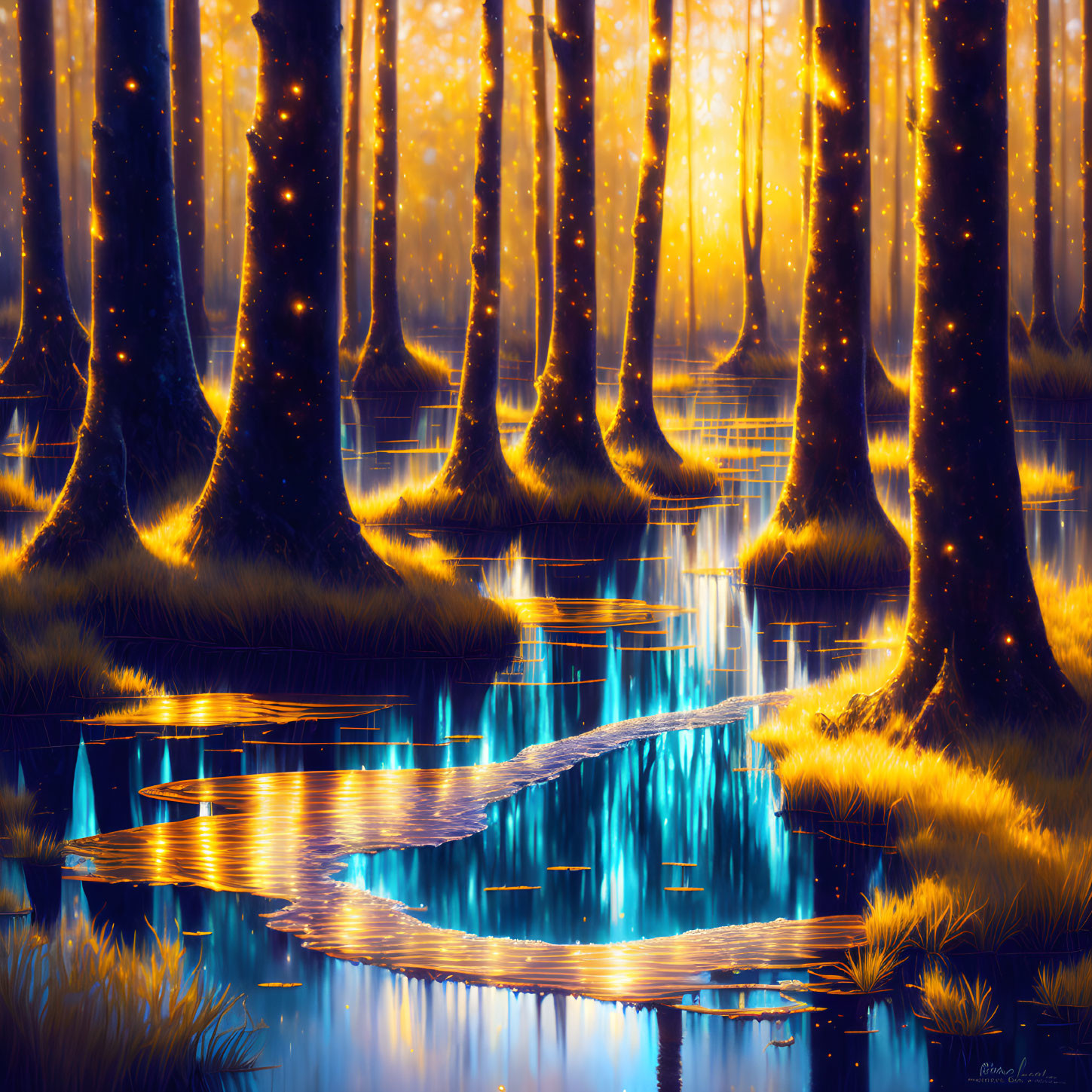 Fantastical forest scene with tall trees and glowing flora