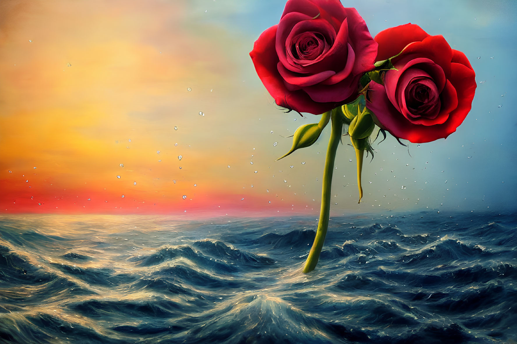 Vibrant red roses above stormy sea with colorful sunset sky