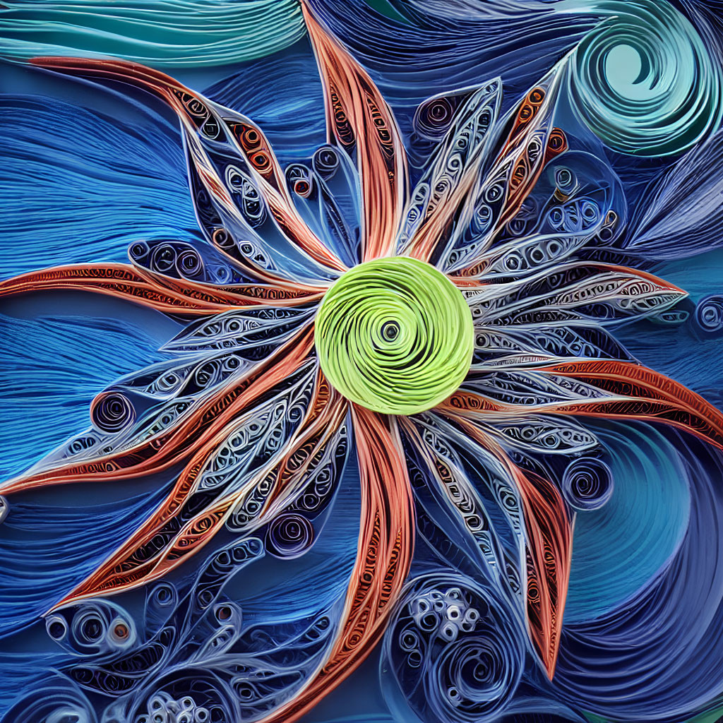 Colorful Quilling Paper Art: Large Green-Centered Flower with Blue and Orange Petal Designs