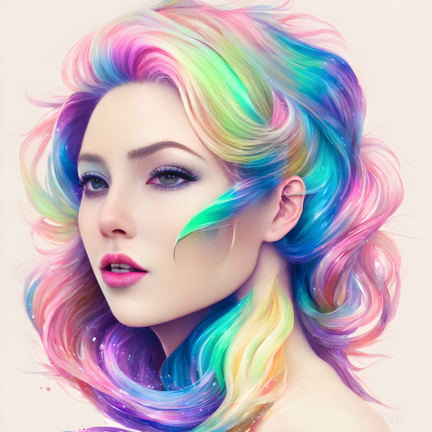 Multicolored wavy hair and blue eyes in pastel rainbow portrait