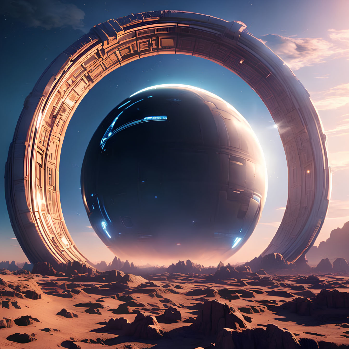 Gigantic ring structure encircles hovering sphere in desert landscape