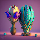 Iridescent digital sculptures of flowering plants on purple background
