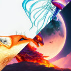 Illustration of red fox with bat-like wings, whimsical dragons, fantastical moon