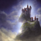 Grand castle on cliff with bridge under dark clouds