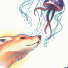 Colorful illustration of a red fox and cosmic jellyfish.