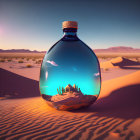 Glass bottle with desert and ocean scene on sand dunes