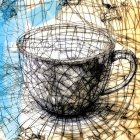 Detailed Drawing of Colorful Tea Cup with Intricate Patterns and Abstract Flower Backdrop