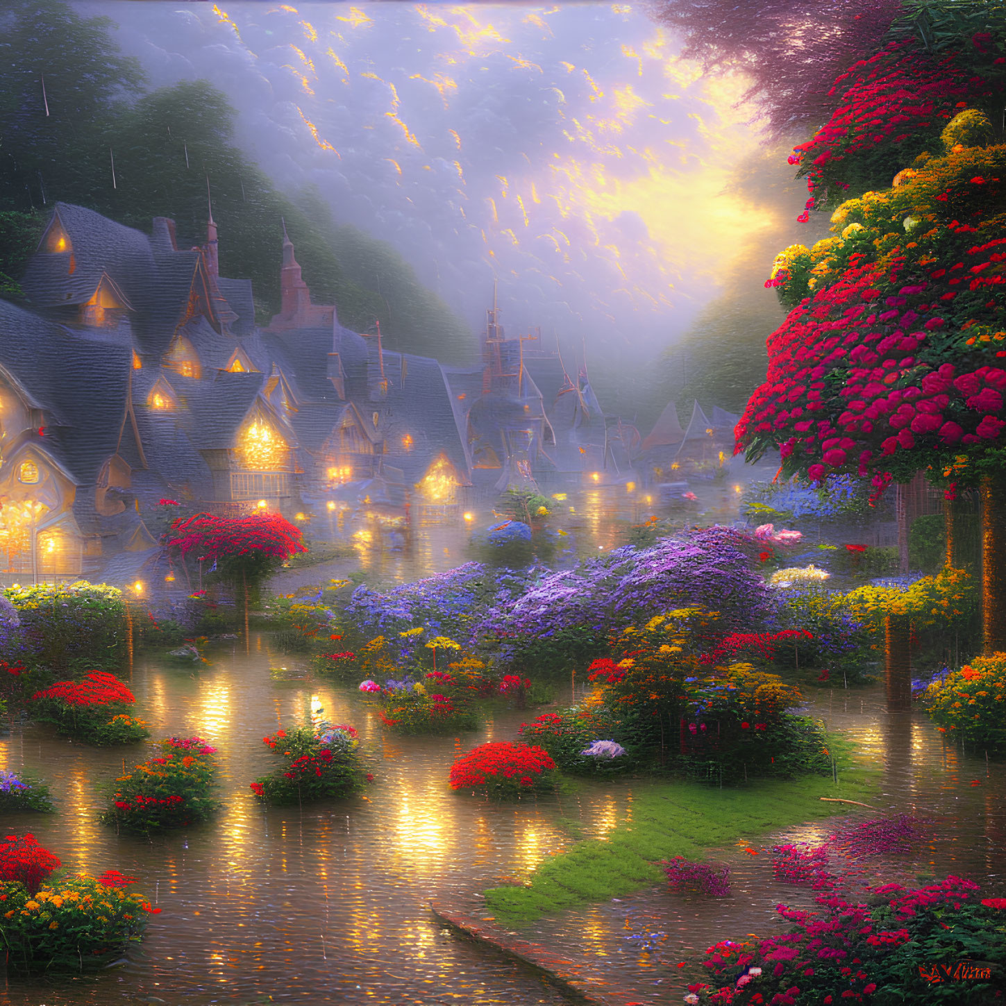 Enchanting village with glowing windows in lush garden setting