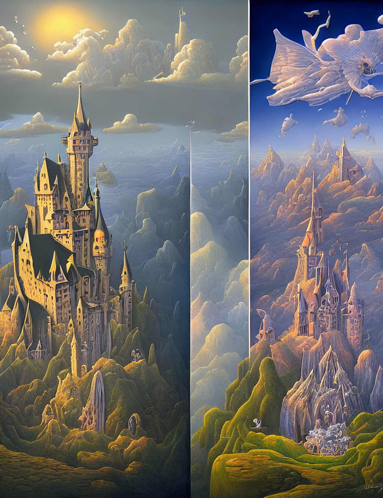 Split Fantasy Image: Majestic Castle and Floating Islands with Dragon Attack at Twilight