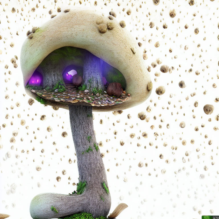 Stylized mushroom with glowing purple interior and floating orbs
