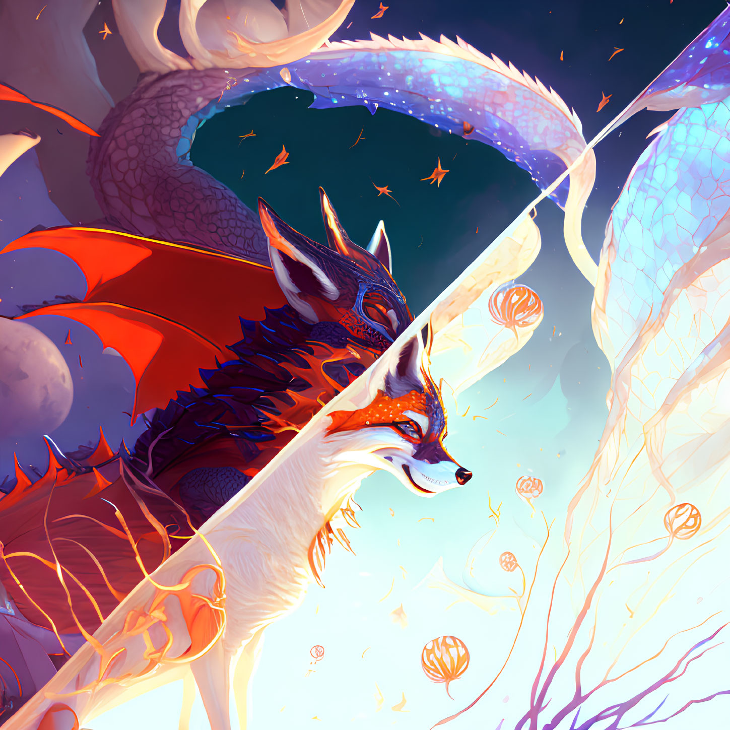 Mythical fox with multiple tails in cosmic setting