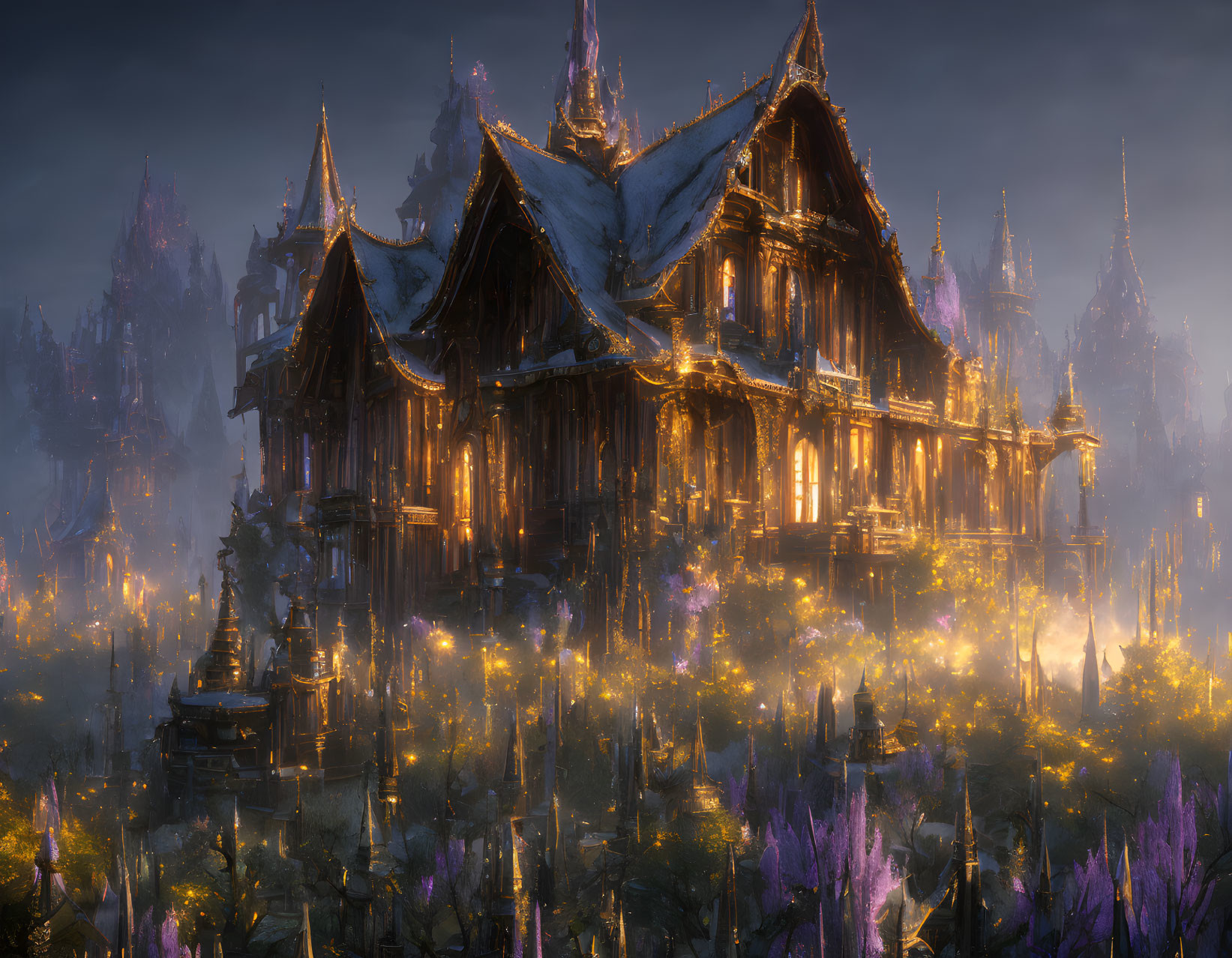 Fantasy palace with glowing lights in twilight landscape