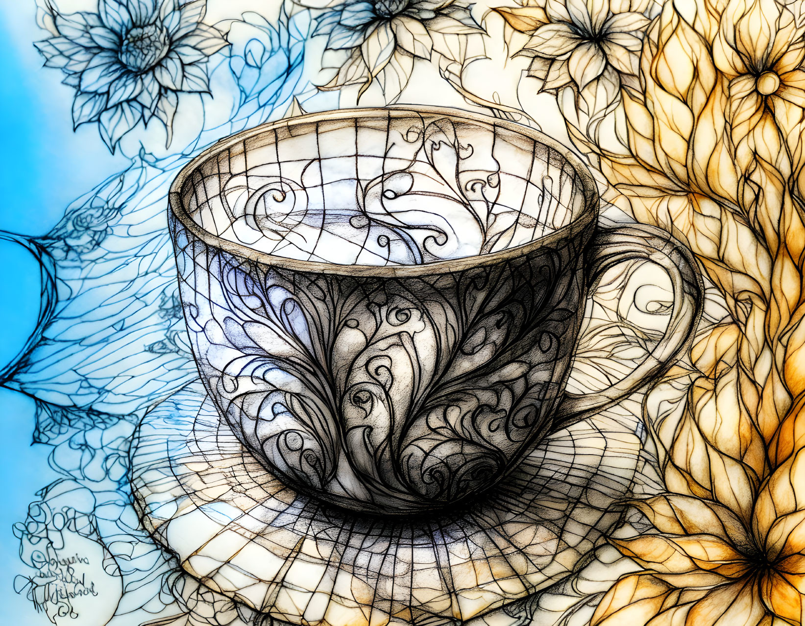 Detailed Drawing of Colorful Tea Cup with Intricate Patterns and Abstract Flower Backdrop