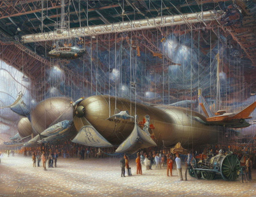 Steampunk-style hangar with dirigibles, Victorian attire, advanced machinery, historical, futuristic blend
