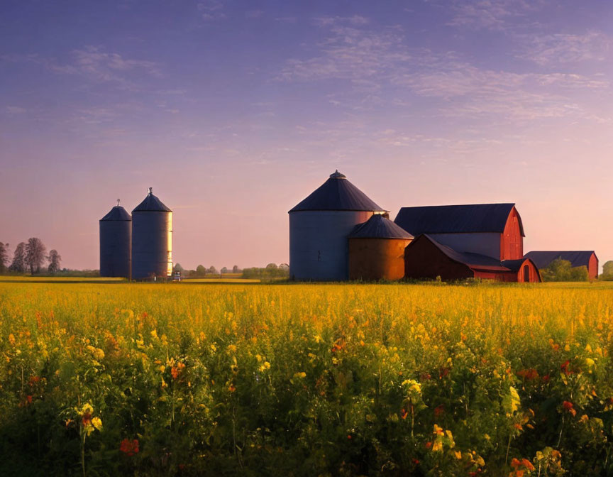 Rural landscape with red barn, silos, and blooming wildflowers at dusk