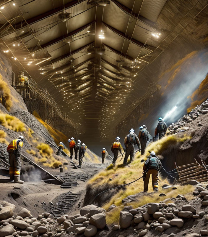 Workers in protective gear excavating in large industrial mining tunnel