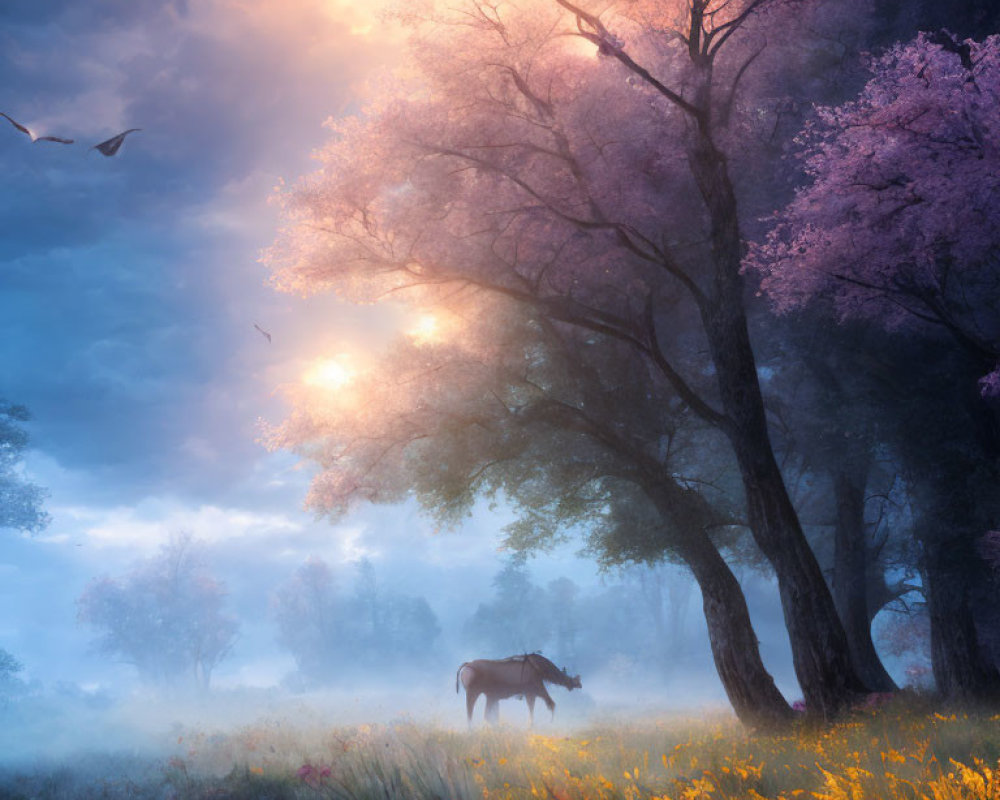 Foggy Sunrise Landscape with Horse, Pink Blossoms, Yellow Flowers, and Birds