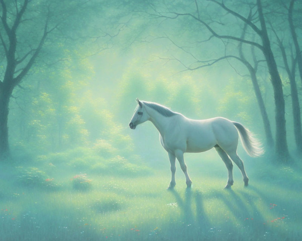 White Horse in Sunlit Forest Clearing with Red Flowers and Green Light