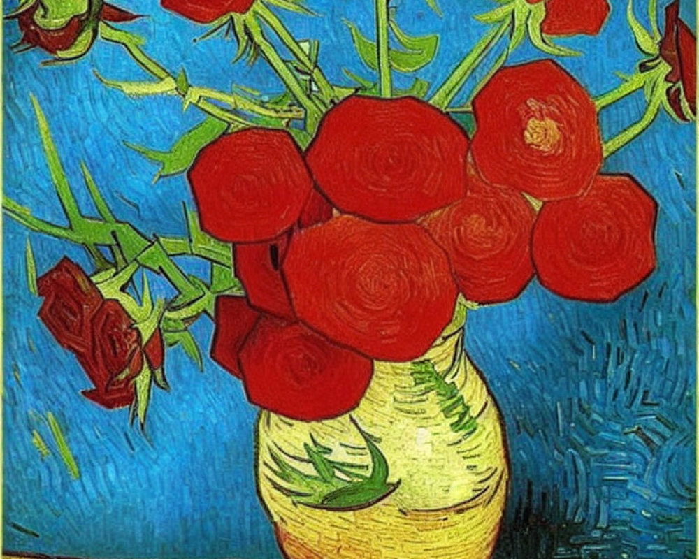 Colorful painting of red roses in yellow vase on bold blue background