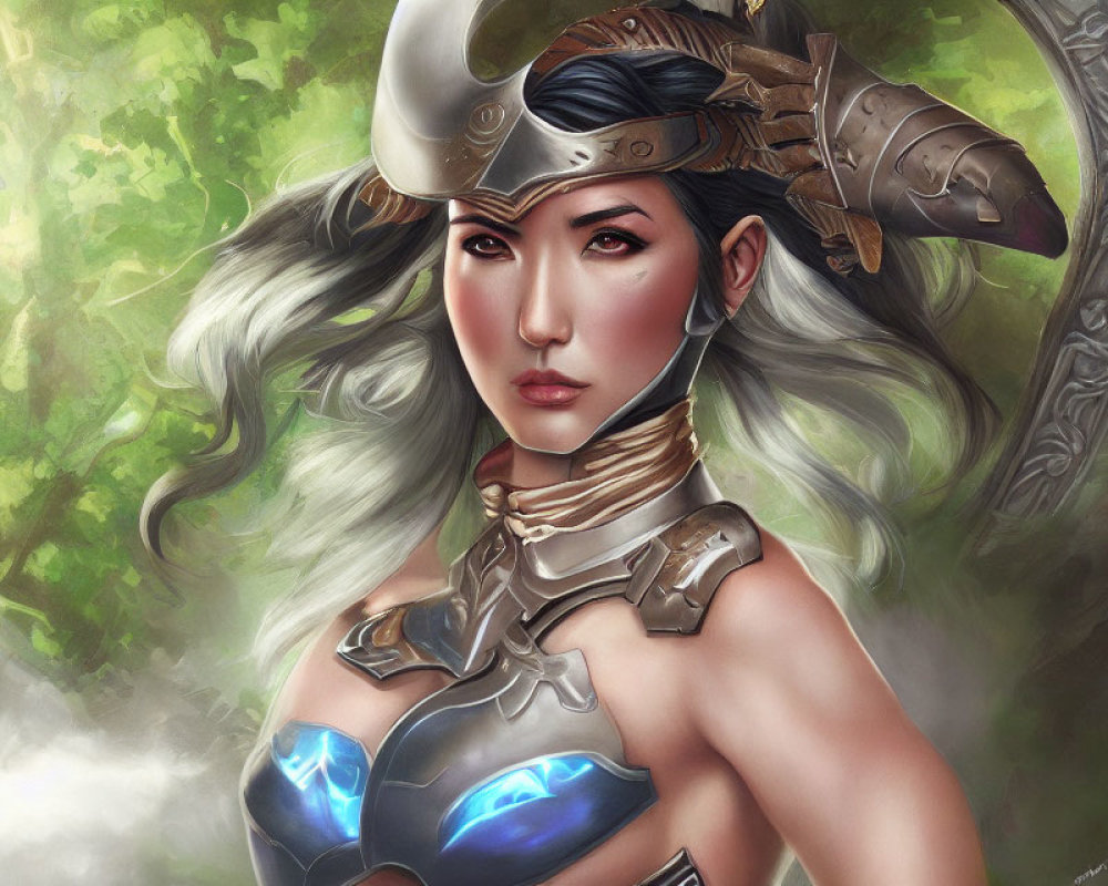 Warrior woman digital painting with silver armor & horned helmet