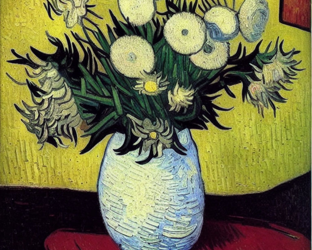 Vivid yellow background with strong brushstrokes and white flowers in a vase